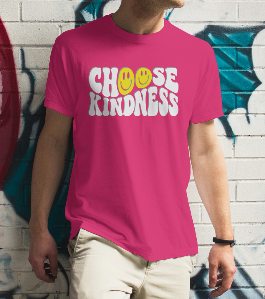 Miss Natali S Choose Kindness Smiley Face Groovy Font Pink Background T-Shirt