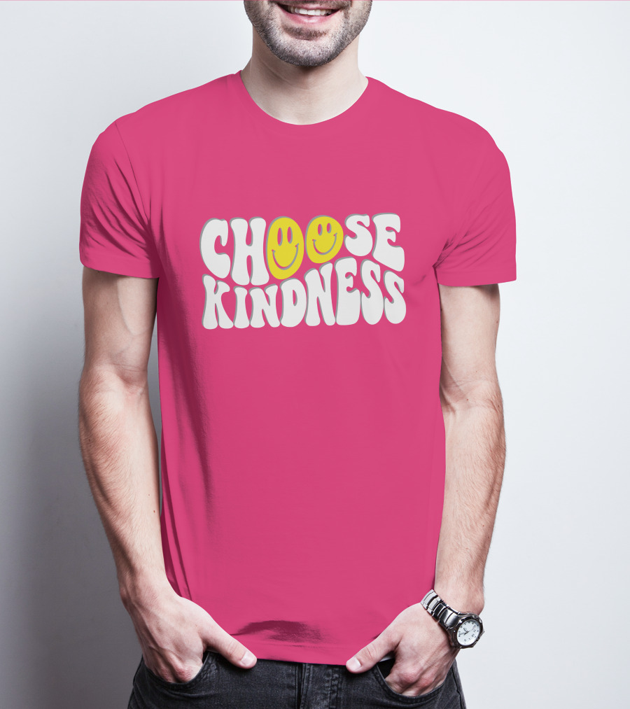 Miss Natali S Choose Kindness Smiley Face Groovy Font Pink Background T-Shirt