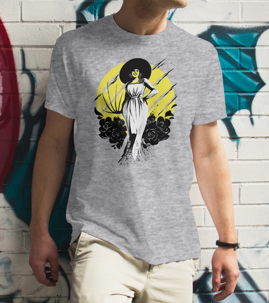 Fangamer Shop Resident Evil Lady Dimitrescu Iconic Yellow Backdrop Roses Claws T-Shirt