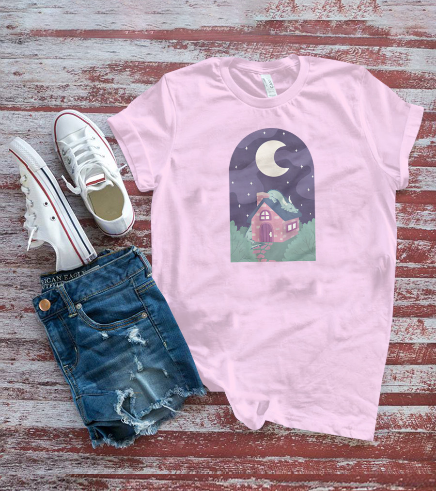 Sleepy Draginn Under Night Sky Crescent Moon Pastel Cottage T-Shirt