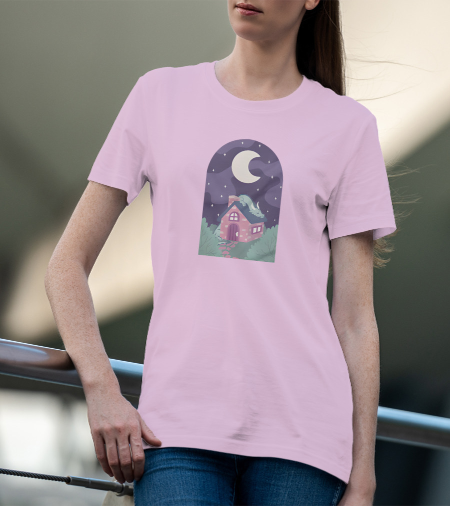 Sleepy Draginn Under Night Sky Crescent Moon Pastel Cottage T-Shirt