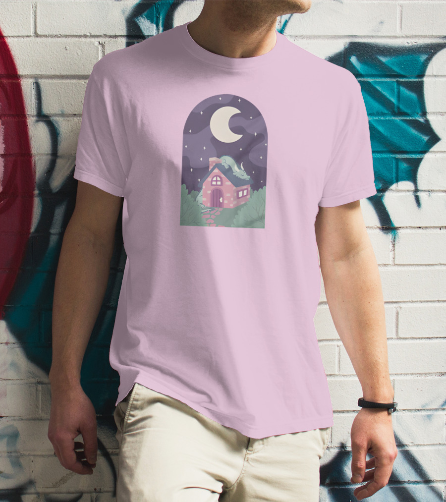 Sleepy Draginn Under Night Sky Crescent Moon Pastel Cottage T-Shirt