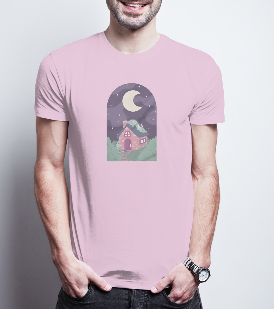 Sleepy Draginn Under Night Sky Crescent Moon Pastel Cottage T-Shirt