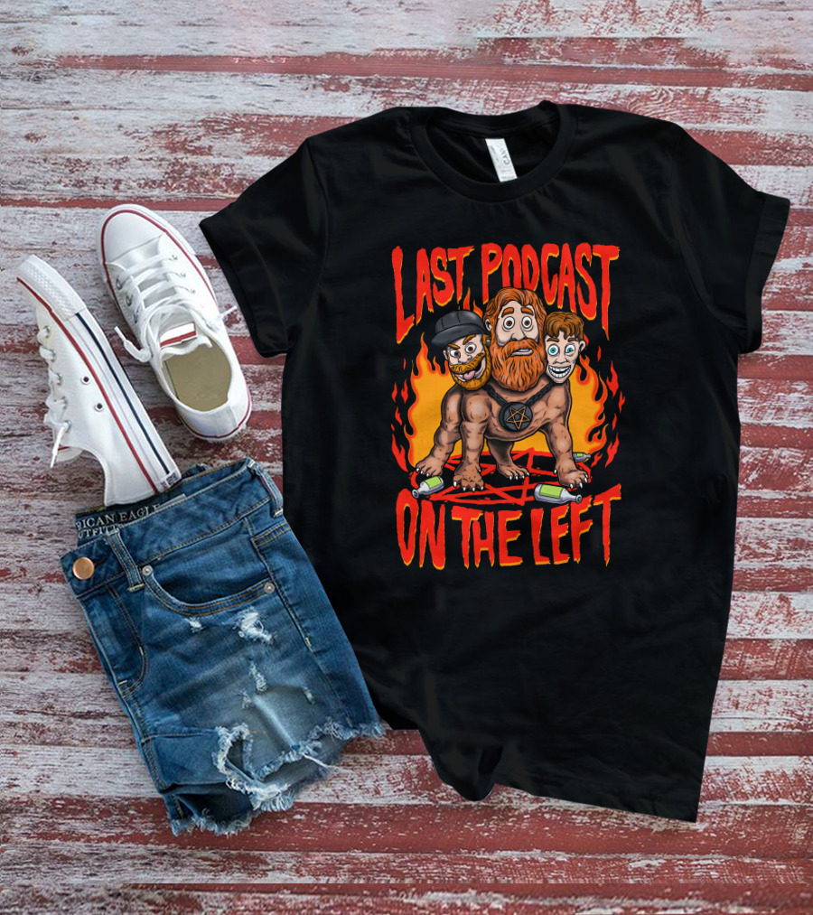 Last Podcast On The Left Hellhound Fire Pentagram Three-Headed Cartoon T-Shirt
