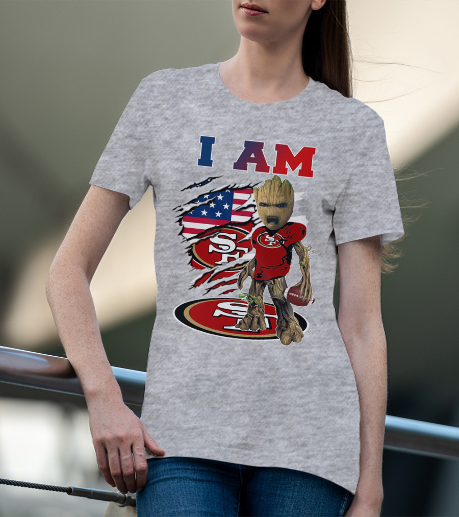 I Am 49ers Baby Groot Football Usa Flag Swoosh T-Shirt
