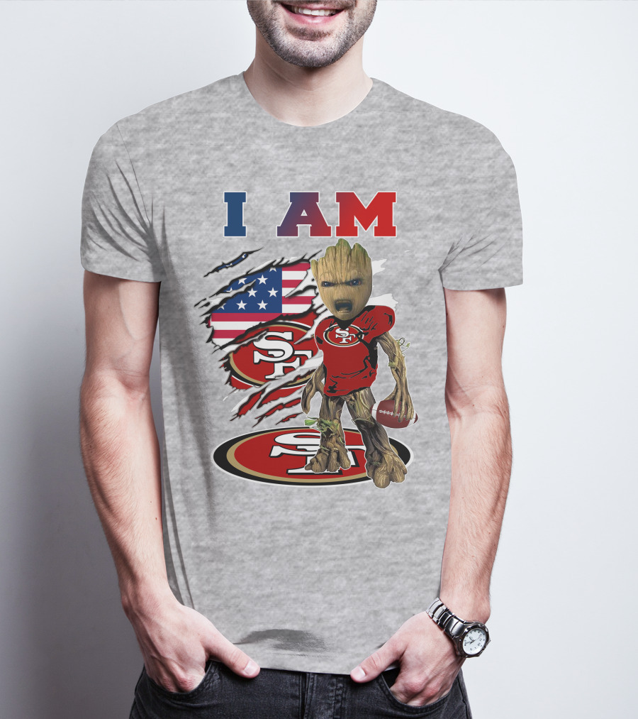 I Am 49ers Baby Groot Football Usa Flag Swoosh T-Shirt
