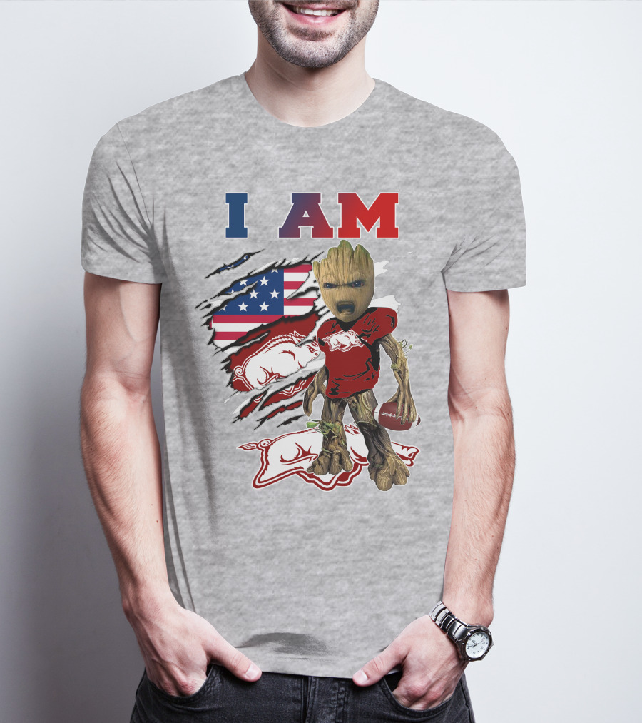 I Am Baby Groot Arkansas Razorbacks Football Usa Flag T-Shirt
