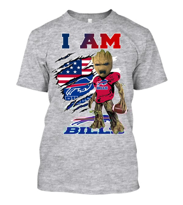 I Am Bills Baby Groot Football Fan With American Flag And Team T-Shirt