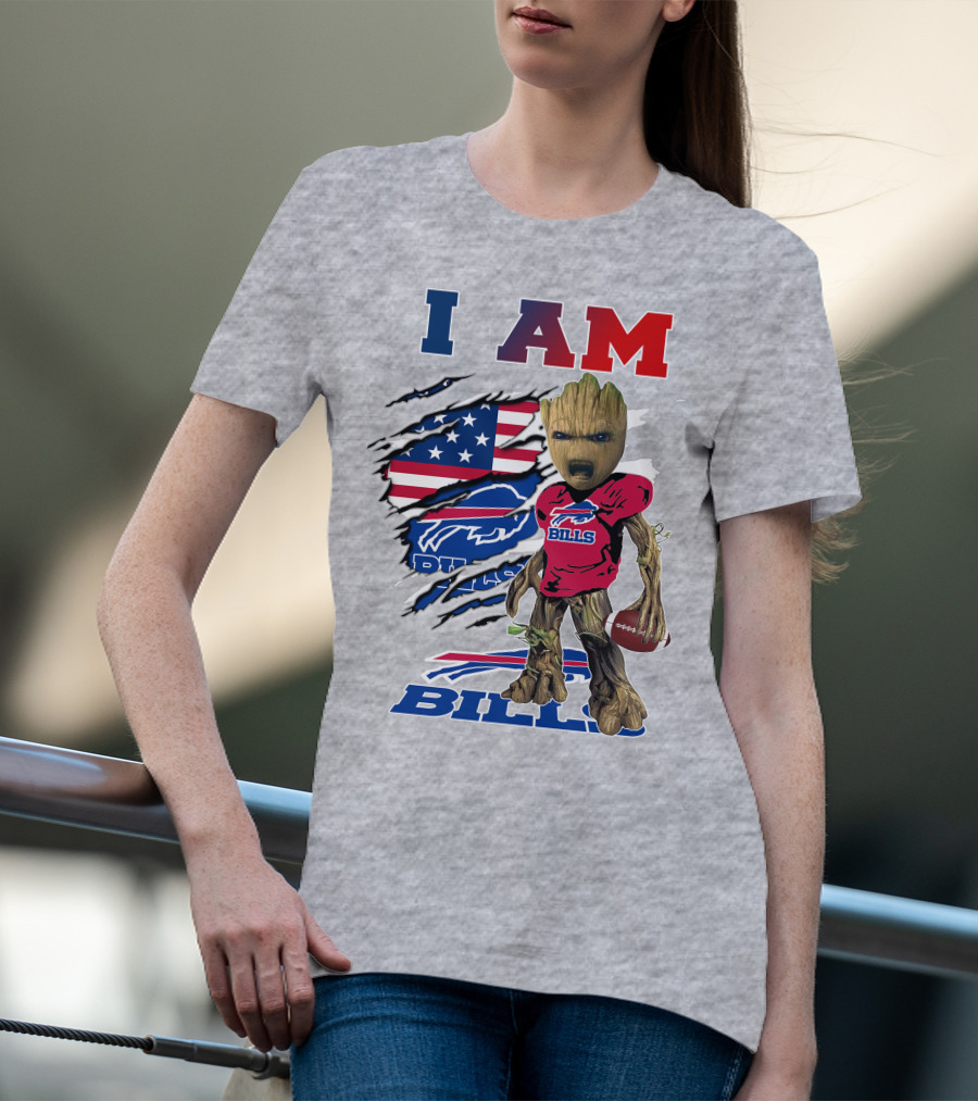 I Am Bills Baby Groot Football Fan With American Flag And Team T-Shirt