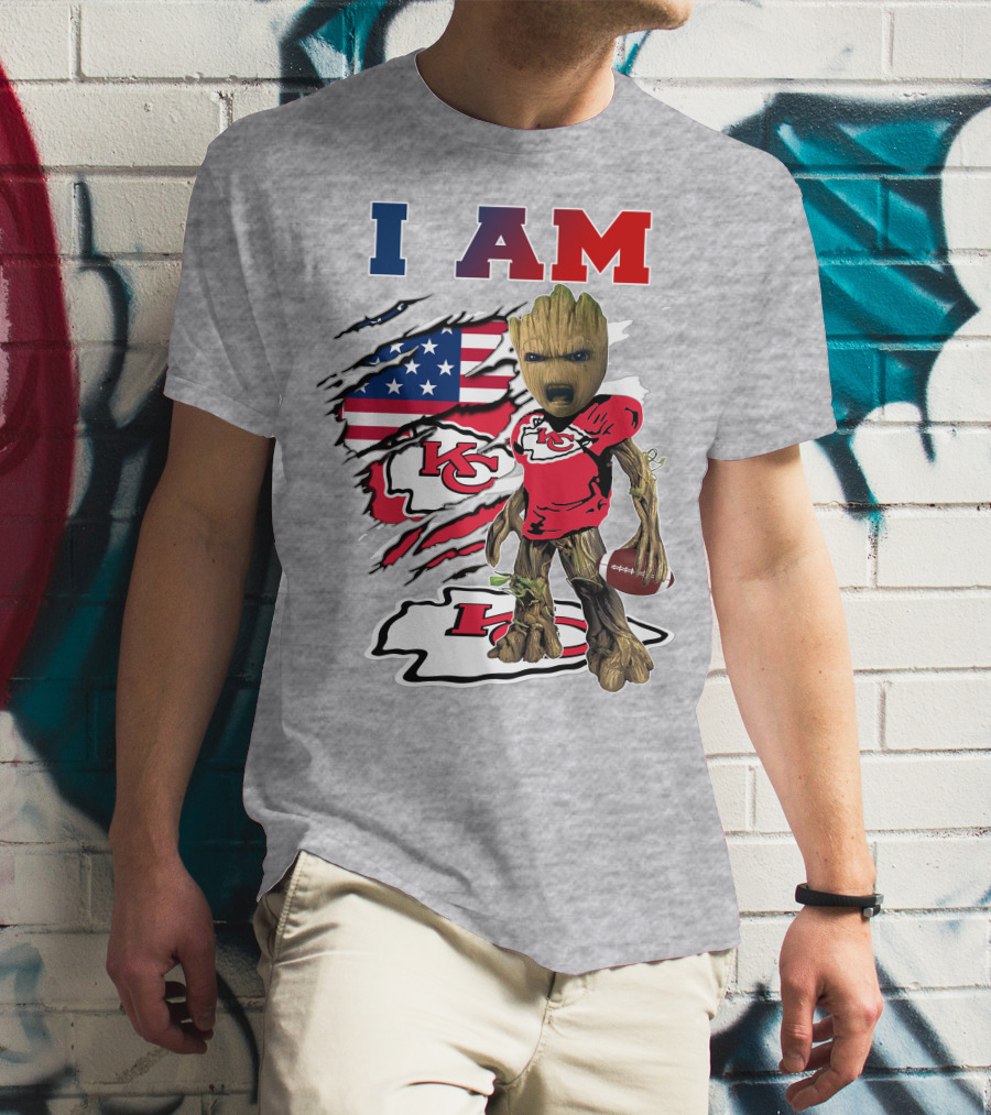 I Am Kc Chiefs Baby Groot Football Usa Flag T-Shirt