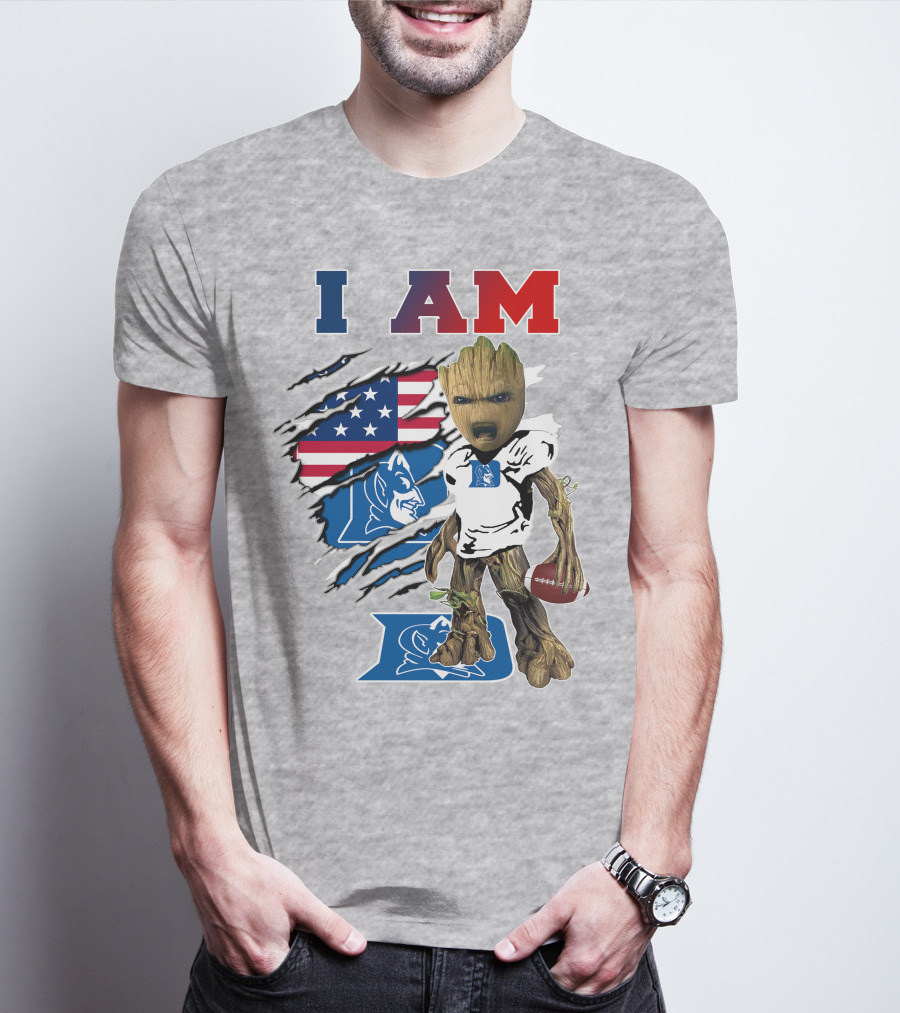 I AM Duke Baby Groot With American Football And Flag Background T-Shirt