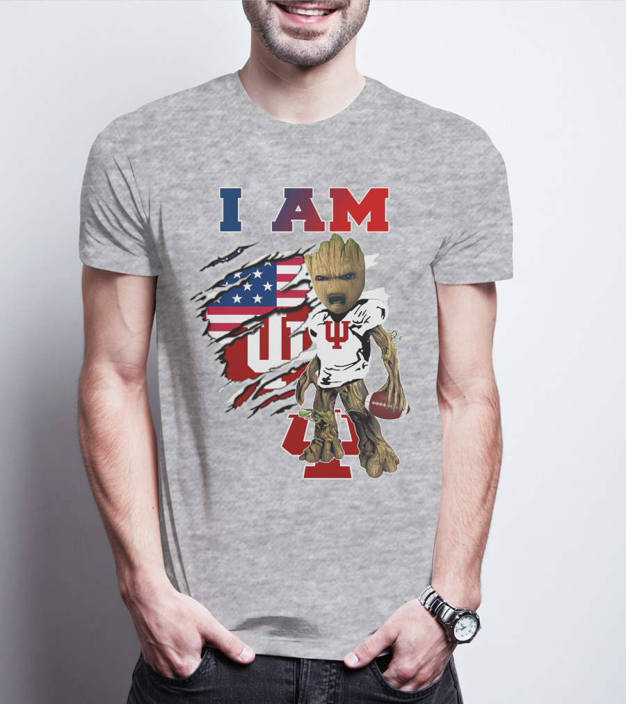 I AM Indiana University Hosiers Baby Groot Football USA Flag T-Shirt