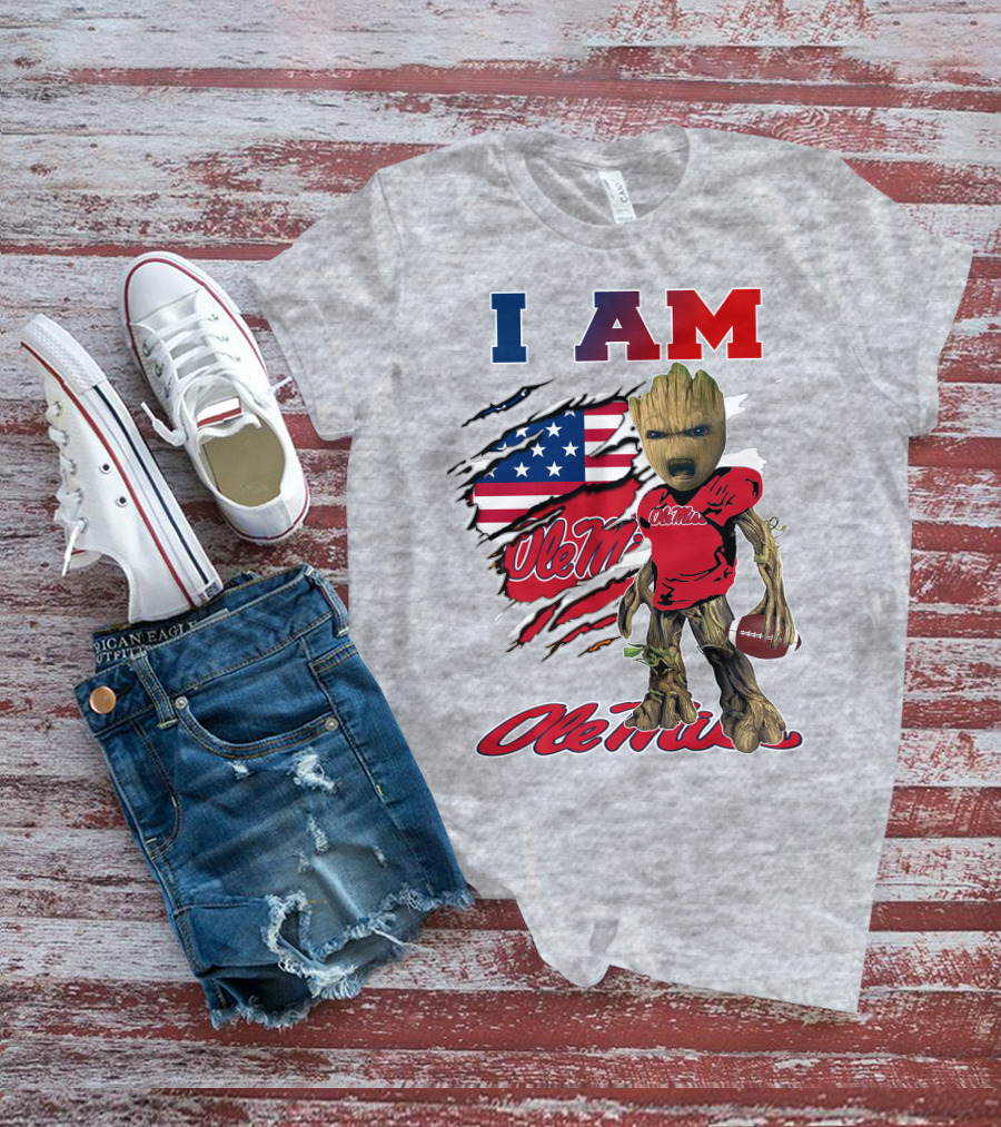 I Am Ole Miss Baby Groot Usa Flag Football T-Shirt