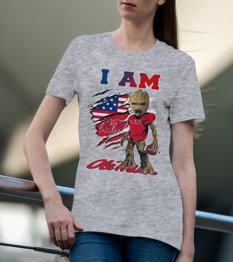 I Am Ole Miss Baby Groot Usa Flag Football T-Shirt