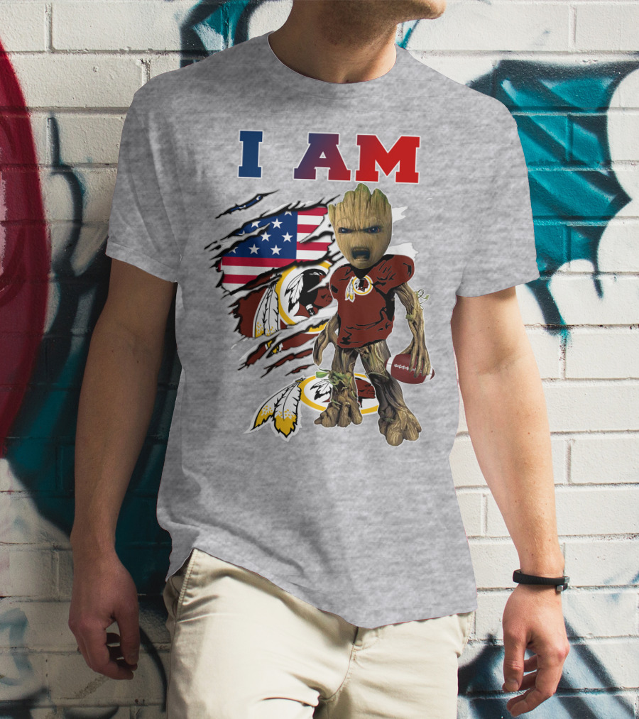 I AM Redskin Baby Groot Football USA Flag T-Shirt