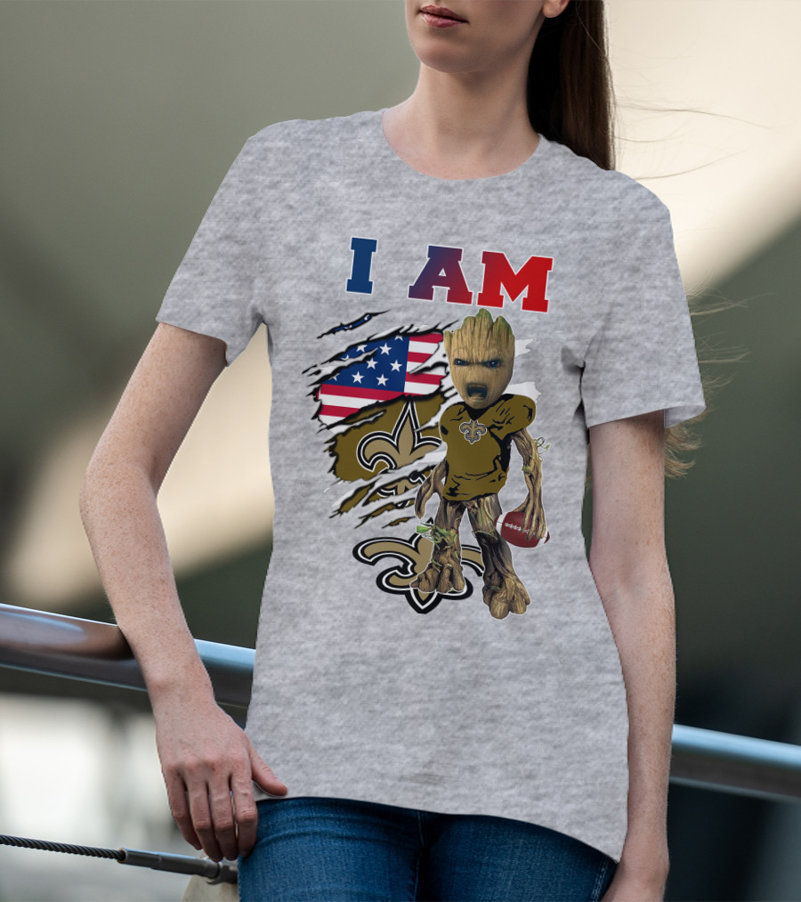 I Am Saints Baby Groot Nfl Football Fleur-De-Lis Usa Flag T-Shirt