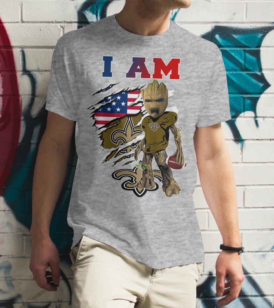 I Am Saints Baby Groot Nfl Football Fleur-De-Lis Usa Flag T-Shirt