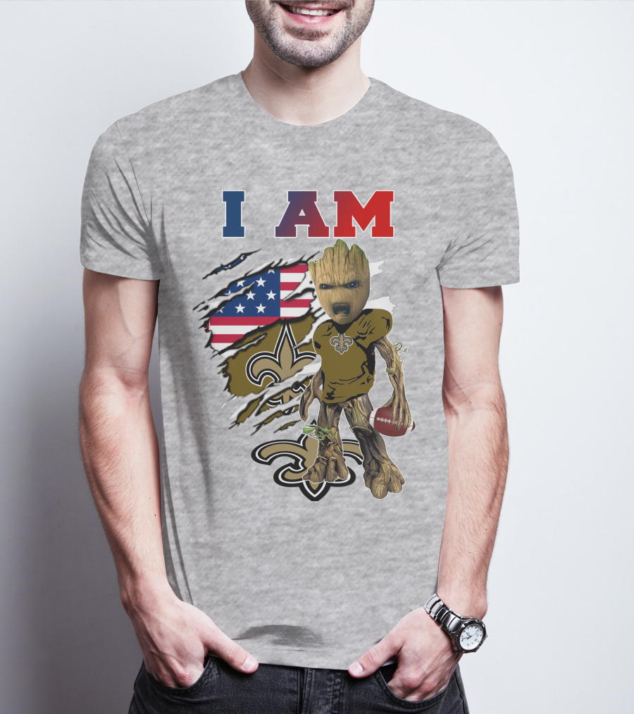 I Am Saints Baby Groot Nfl Football Fleur-De-Lis Usa Flag T-Shirt