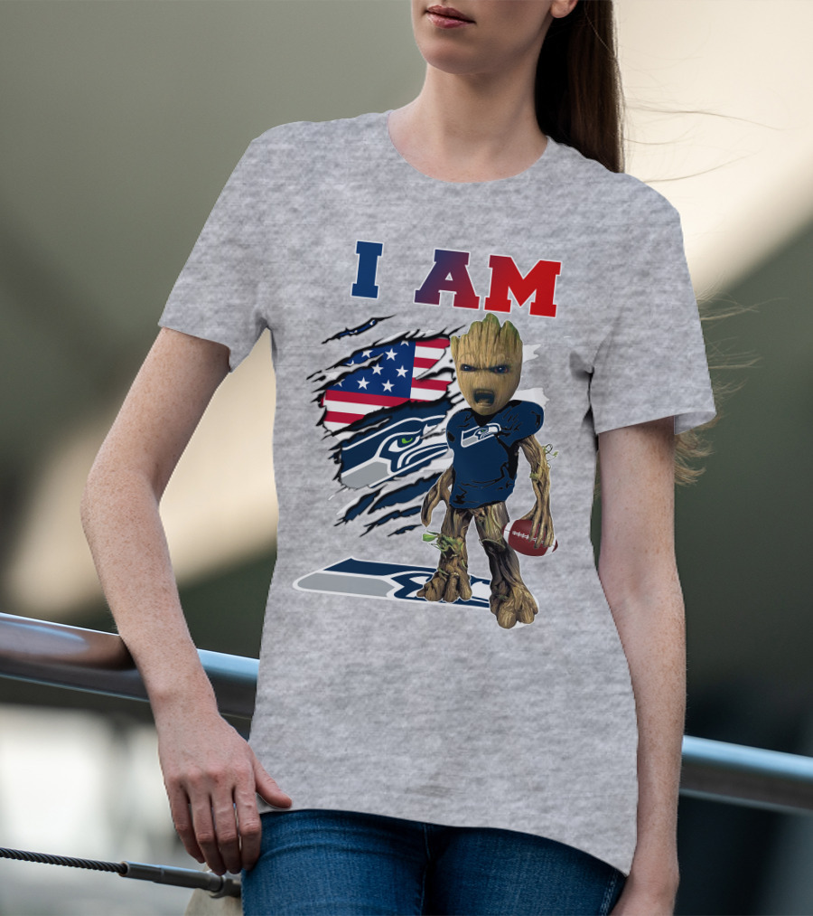 I AM Seahawks Baby Groot Football American Flag T-Shirt