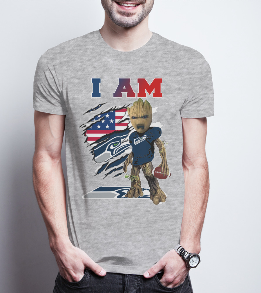 I AM Seahawks Baby Groot Football American Flag T-Shirt