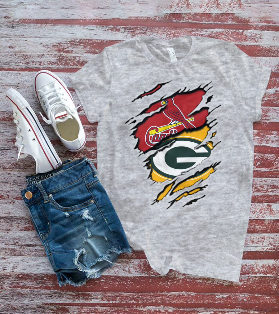 Cardinals Packers Logos Rip Torn Effect T-Shirt