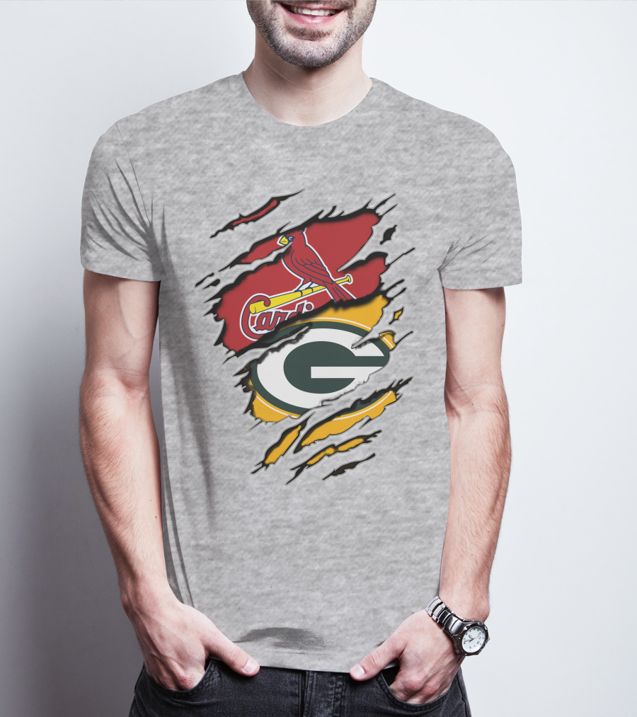 Cardinals Packers Logos Rip Torn Effect T-Shirt