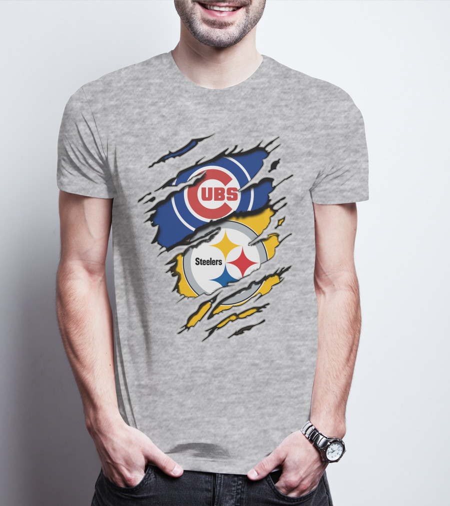 Steelers Cubs Logos With Torn Fabric T-Shirt