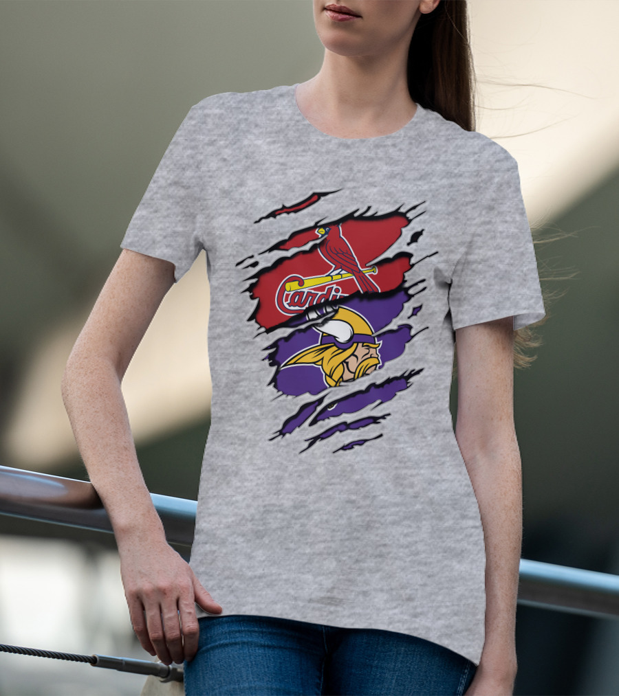 Vikings And Cardinals Logos Torn Effect T-Shirt
