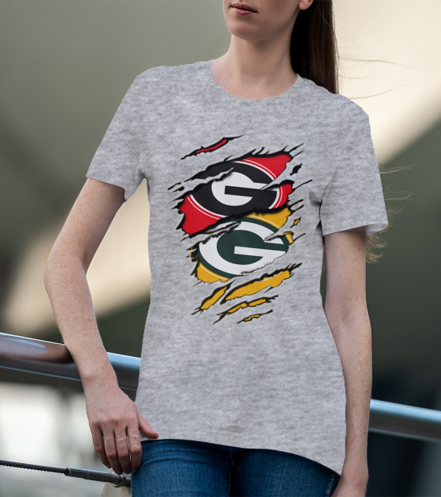 Green Bay Packers Georgia Bulldogs Dual Logo Rip Claw Marks T-Shirt