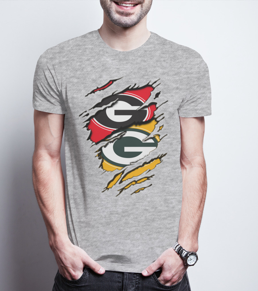 Green Bay Packers Georgia Bulldogs Dual Logo Rip Claw Marks T-Shirt