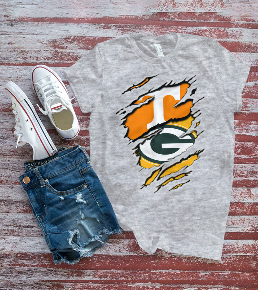 Tennessee Vols And Green Bay Packers Torn Logo Fusion T-Shirt