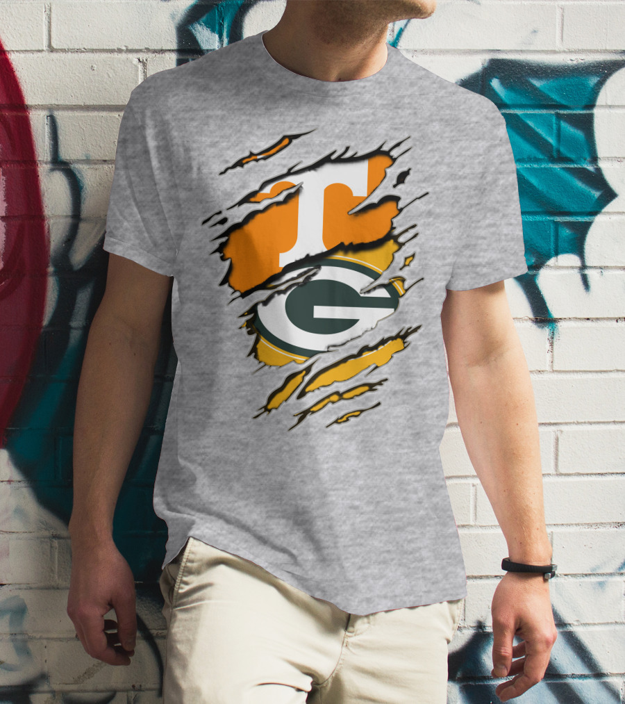 Tennessee Vols And Green Bay Packers Torn Logo Fusion T-Shirt