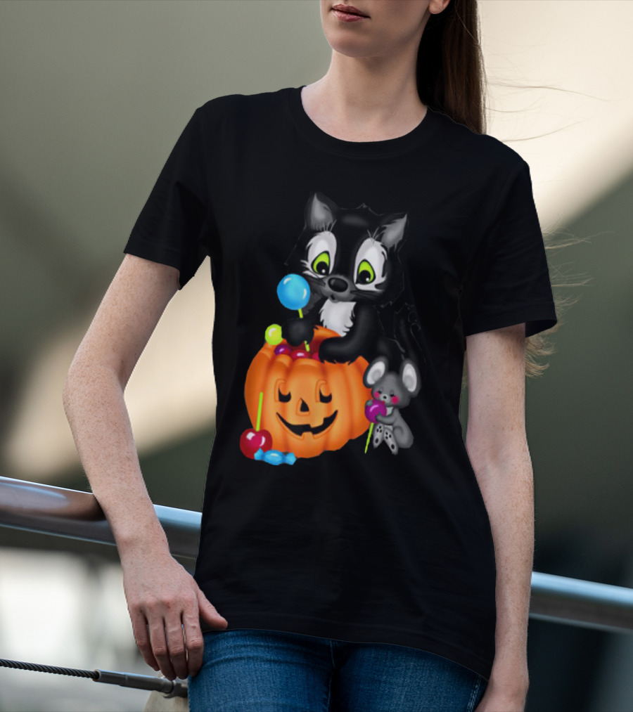 Halowen Cute Cat And Mouse With Candy And Pumpkin T-Shirt