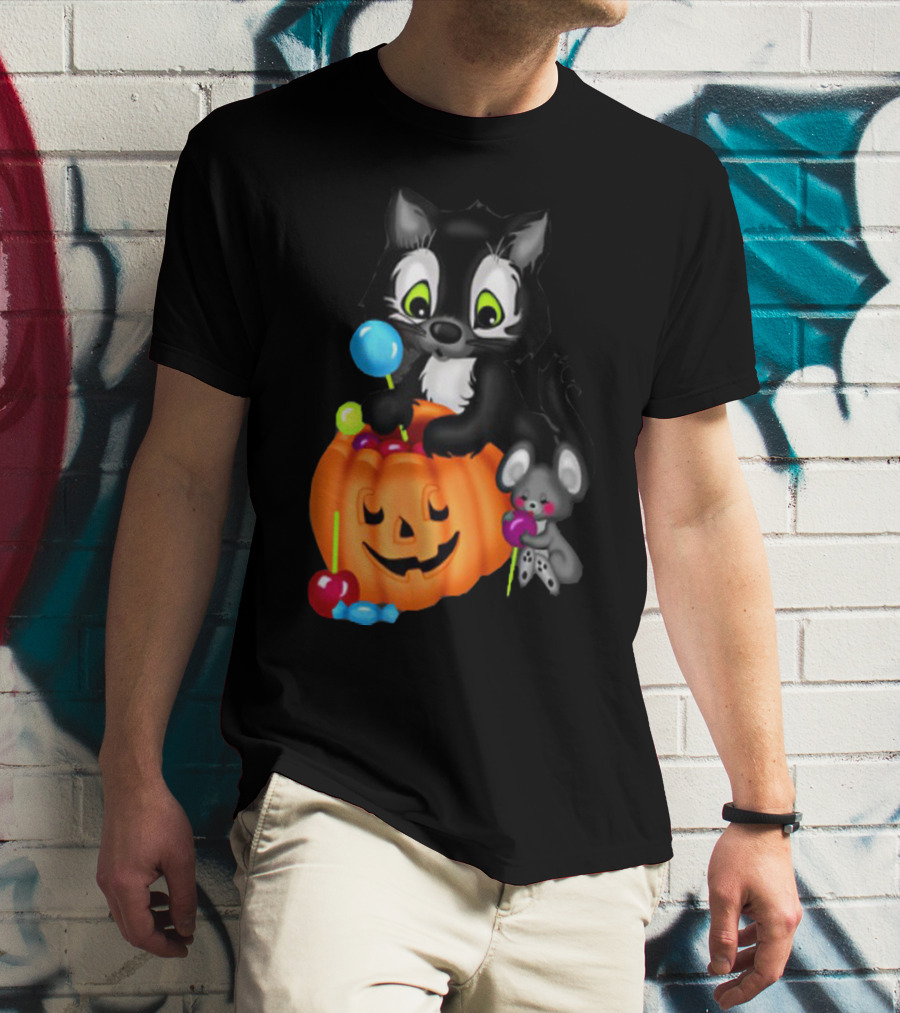 Halowen Cute Cat And Mouse With Candy And Pumpkin T-Shirt