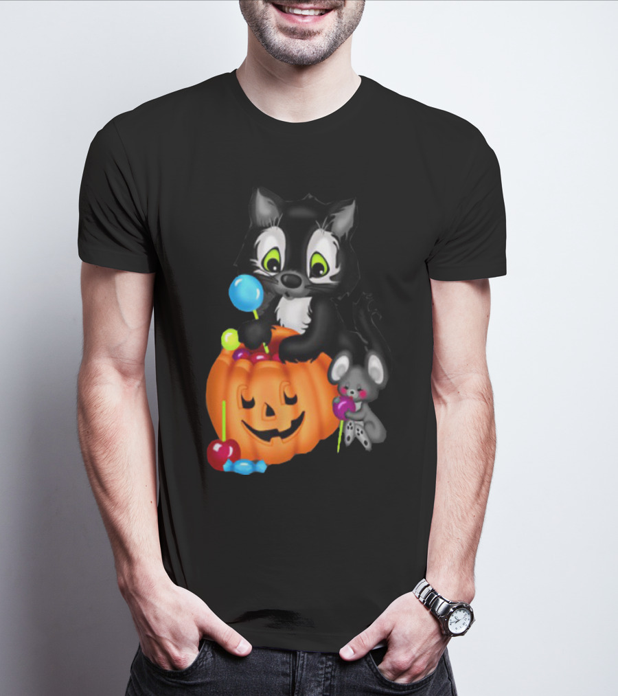 Halowen Cute Cat And Mouse With Candy And Pumpkin T-Shirt