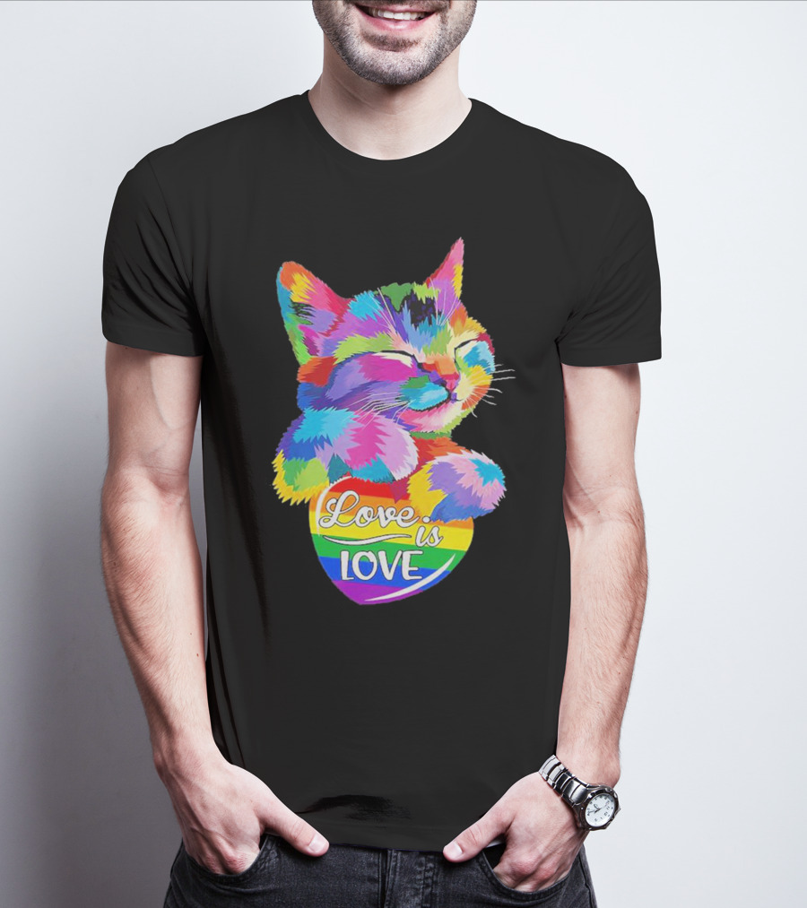 Love Is Love Colorful Cat Rainbow Pride T-Shirt
