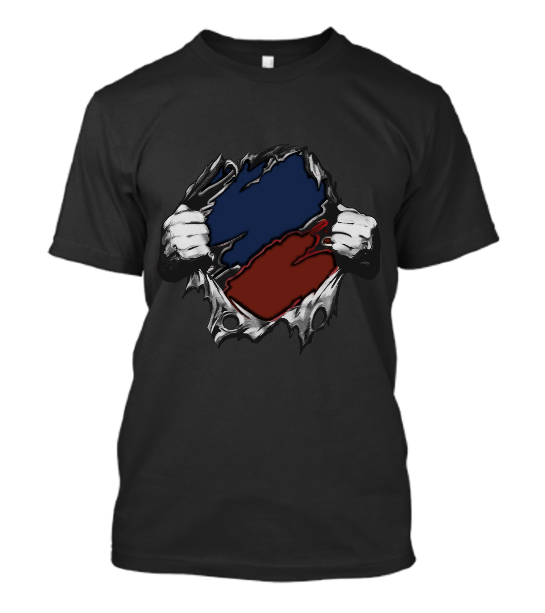 Ripping Open Dual Color Reveal Red Blue T-Shirt