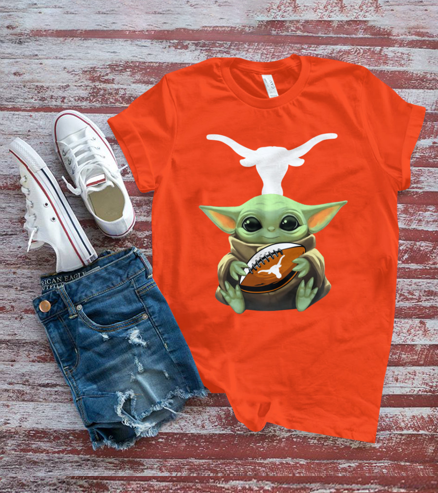 Baby Yoda Longhorns Football Logo Orange Background T-Shirt