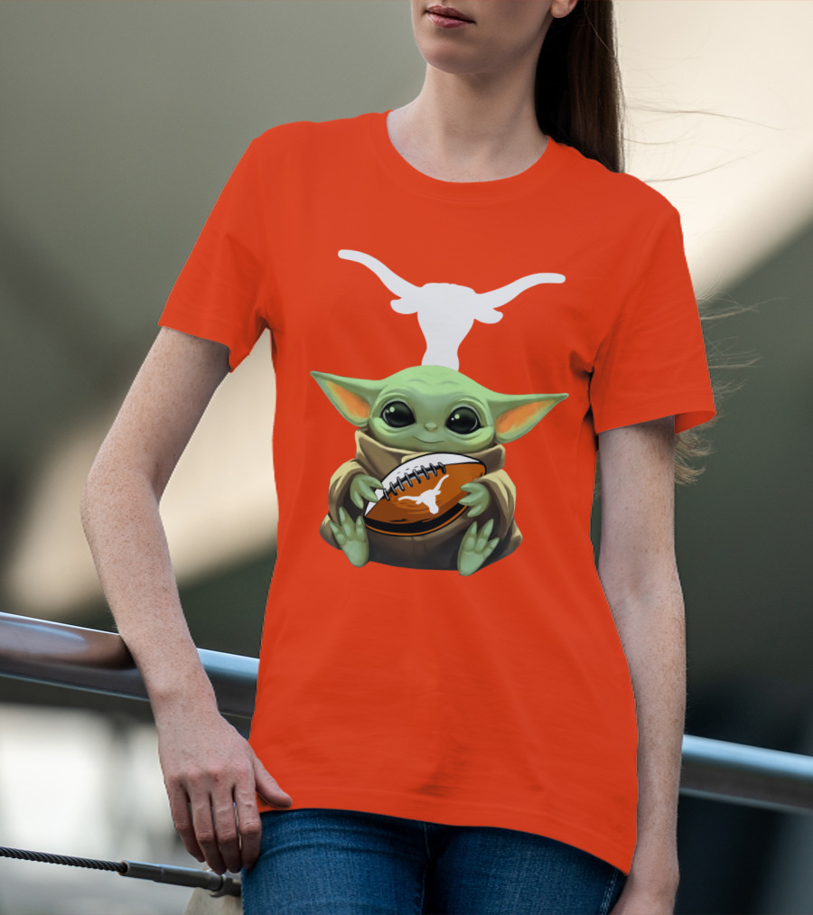 Baby Yoda Longhorns Football Logo Orange Background T-Shirt