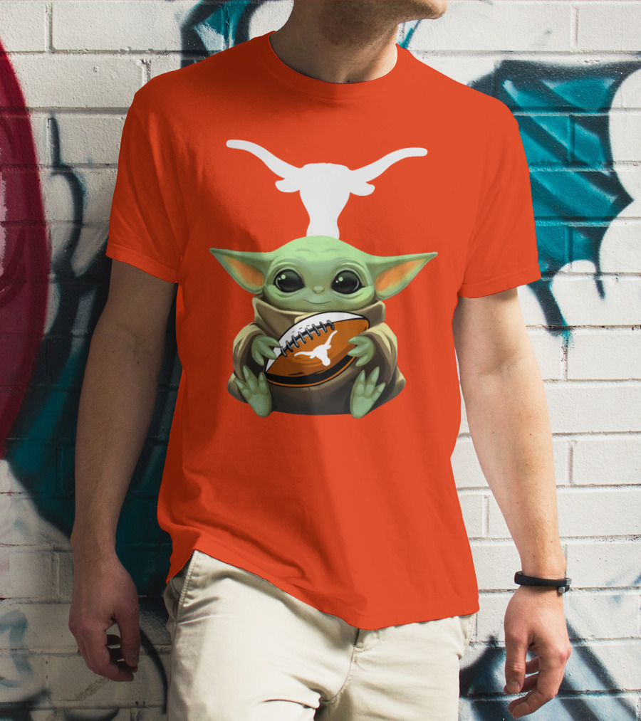 Baby Yoda Longhorns Football Logo Orange Background T-Shirt