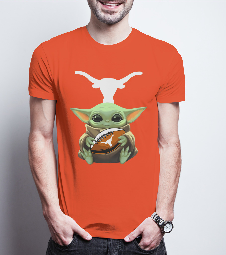 Baby Yoda Longhorns Football Logo Orange Background T-Shirt