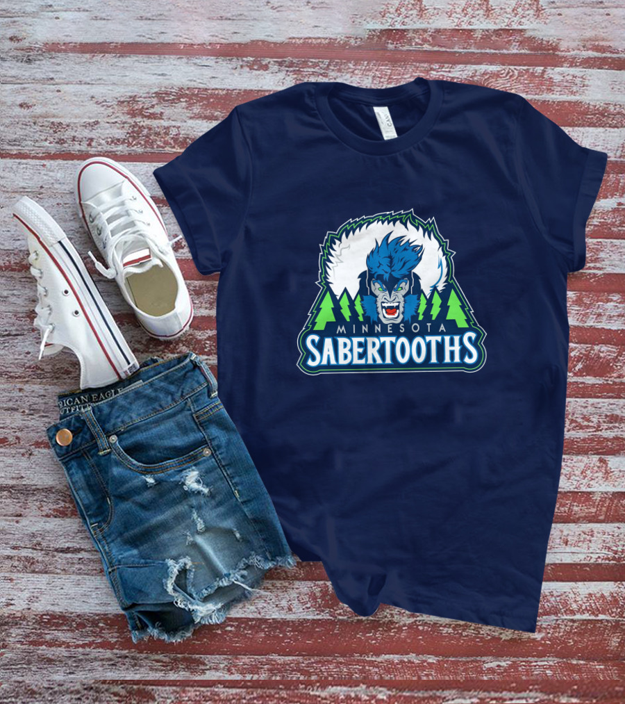 Minnesota Sabertooths NBA Logo With Blue Sabertooth And Green Pine Trees T-Shirt