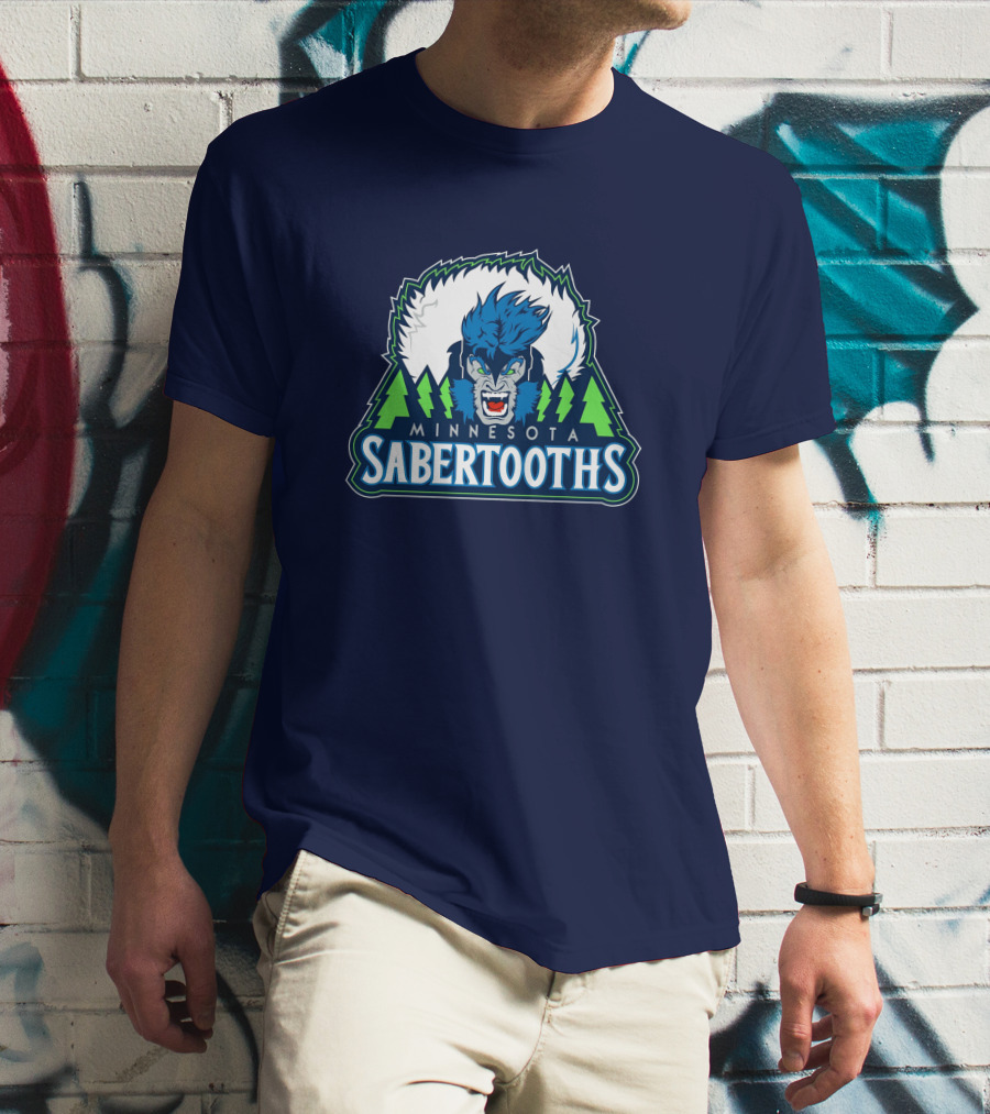 Minnesota Sabertooths NBA Logo With Blue Sabertooth And Green Pine Trees T-Shirt