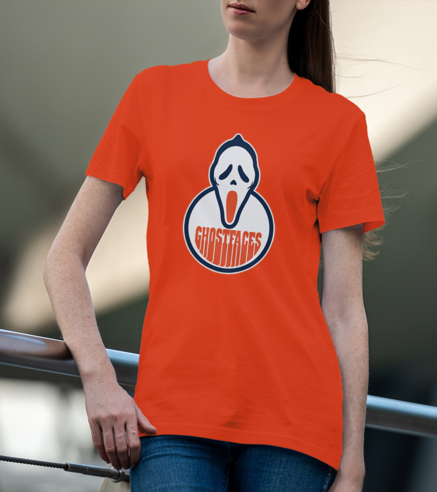 Edmonton Ghostfaces NHL Scream Parody Logo Orange Background T-Shirt