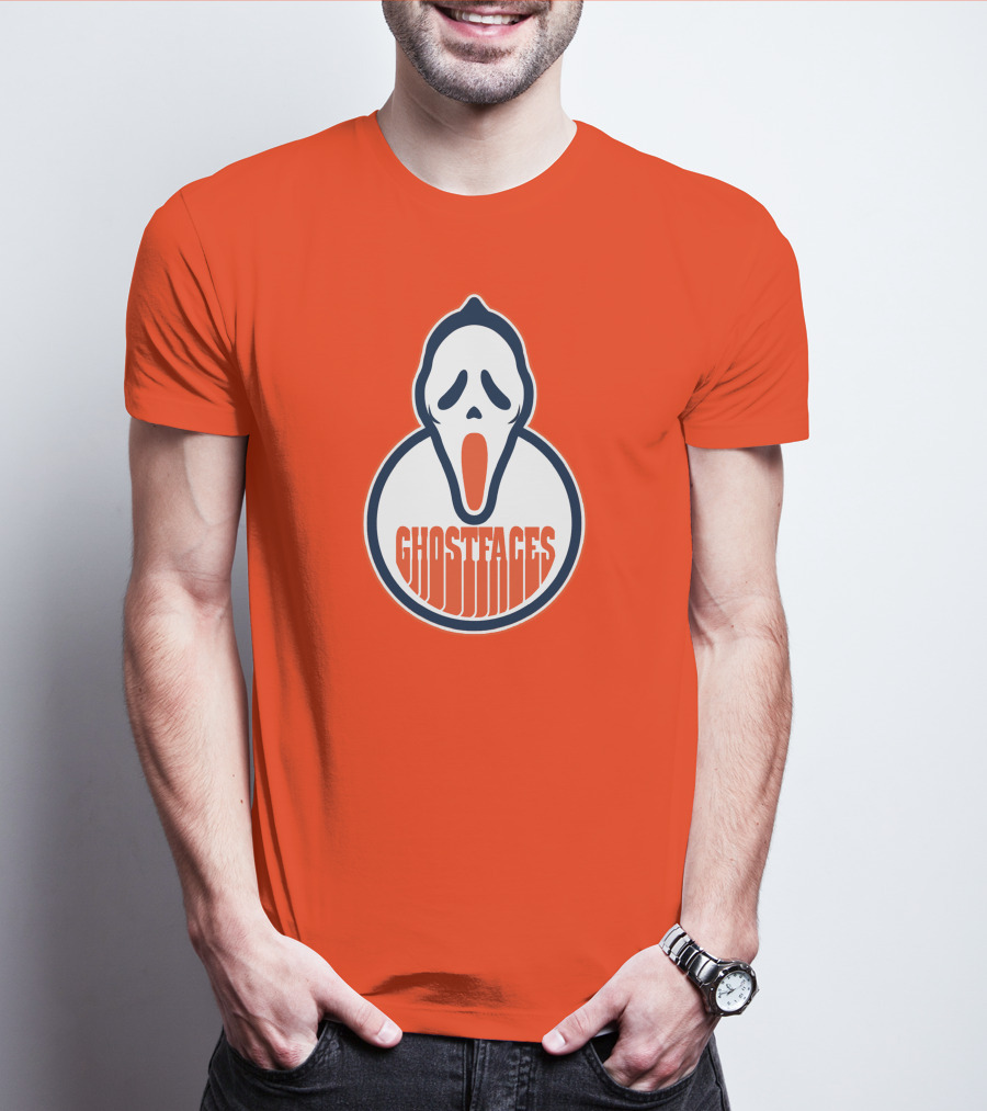 Edmonton Ghostfaces NHL Scream Parody Logo Orange Background T-Shirt