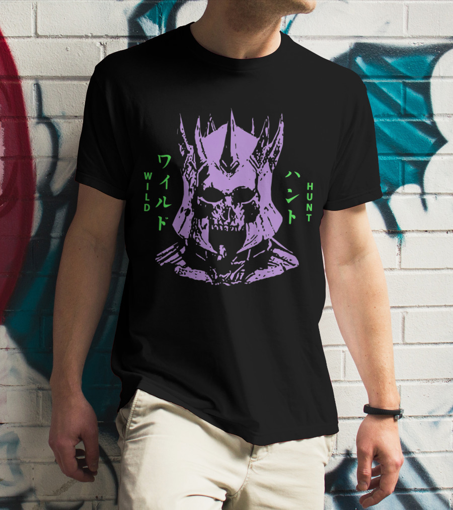 Wild Hunt 3 Skull Helmet Purple Japanese Text T-Shirt