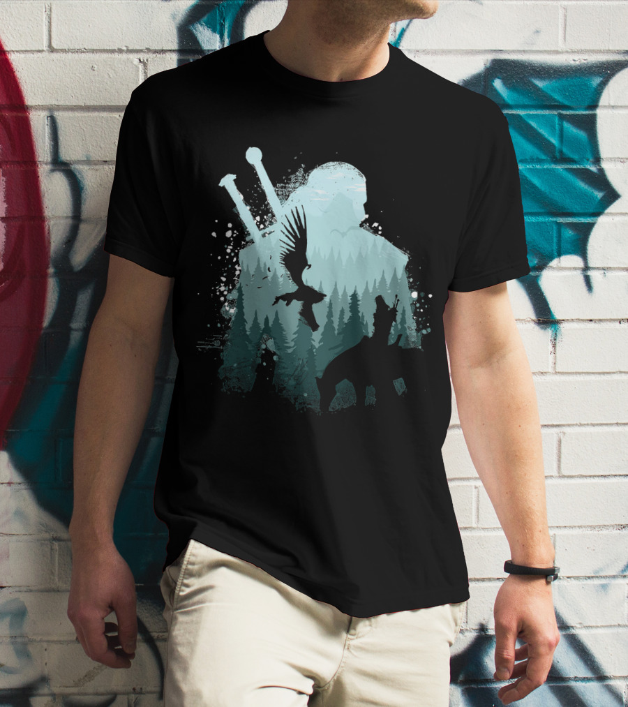 Wild Huntsman Silhouette With Swords Forest And Animals T-Shirt