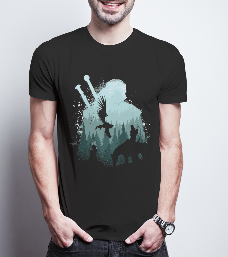 Wild Huntsman Silhouette With Swords Forest And Animals T-Shirt