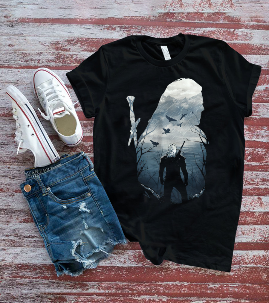 Wild Hunt Forest Geralt Silhouette With Mountains Ravens Sword T-Shirt
