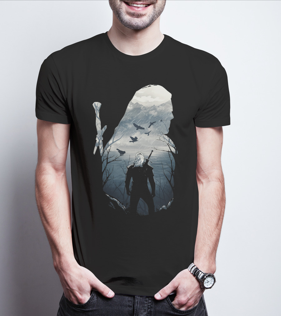 Wild Hunt Forest Geralt Silhouette With Mountains Ravens Sword T-Shirt
